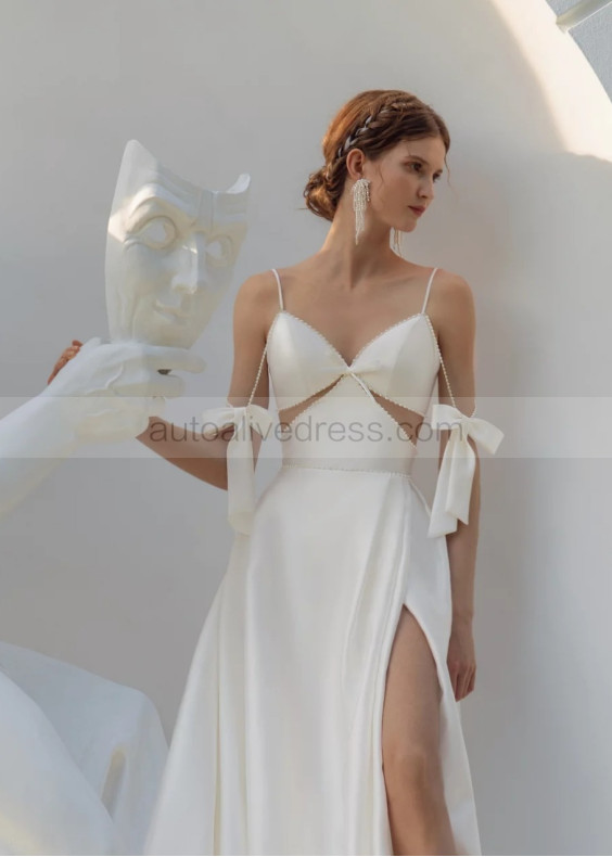 Spaghetti Straps Beaded Ivory Satin Slit Fashion Wedding Dress